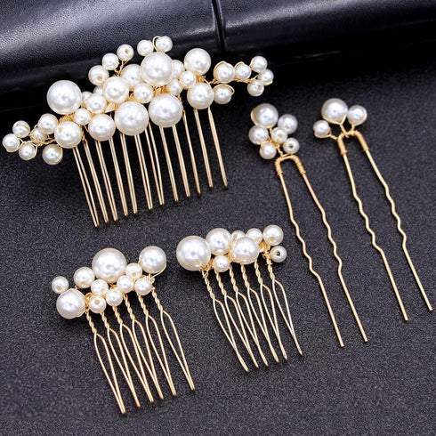 Wedding Pearl Hair Combs Set of 5 PCS - Elegant Hair Accessories for Bridal Women (Gold)