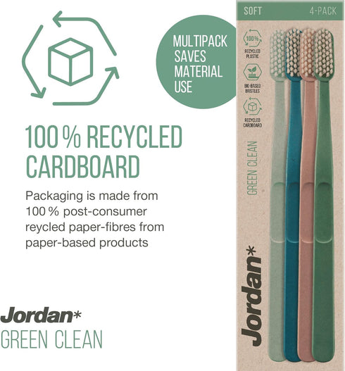 Jordan Green Clean Manual Toothbrush - Soft Bristles, Sustainable Scandinavian Design, Mixed Colors, 4 Units
