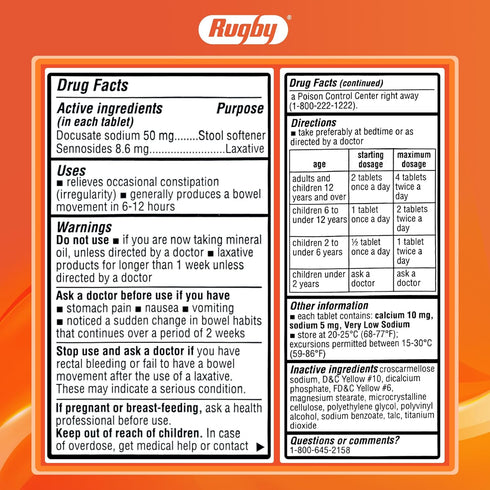 Rugby Senexon-S Natural Vegetable Laxative Plus Stool Softener - 100 Tablets (Docusate Sodium 50mg, Sennosides 8.6mg)