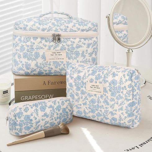 3 Pcs Cotton Quilted Makeup Bag Cute Aesthetic Floral Toiletry Bag, Large Travel Cosmetic Pouch for Women Girls