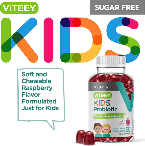 Probiotic Gummies for Kids - 2 Billion CFUs - Probiotics Kids Constipation Relief, Natural Immune & Digestive Health Support - Vegan, Gelatin Free, GMO Free - Tasty Chewable Raspberry Flavored Gummy