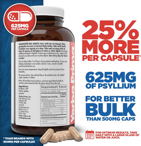 Yerba Prima Psyllium Husks Caps, 625 mg, 400 Capsules - Natural Fiber for Men and Women - Regularity Support Supplement