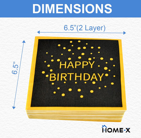 HOME-X Happy Birthday Black and Gold Paper Napkins - Square Party Napkins, 48 Count