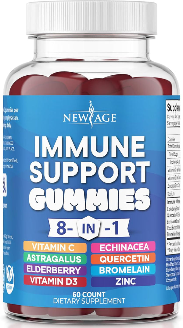 8 in 1 Immune Support Booster Gummies with Elderberry, Vitamin C, Zinc 50mg, Vitamin D 5000 IU, Turmeric, Ginger, B6,