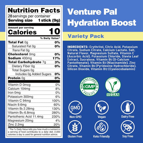 Venture Pal Sugar Free Electrolyte Powder Packets - Liquid Daily IV Hydration Packets with 5 Vitamins & 7 Electrolytes