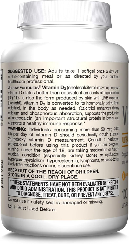 Jarrow Formulas Vitamin D3 62.5 mcg (2,500 IU), 100 Servings Softgels for Bone Health & Immune Support