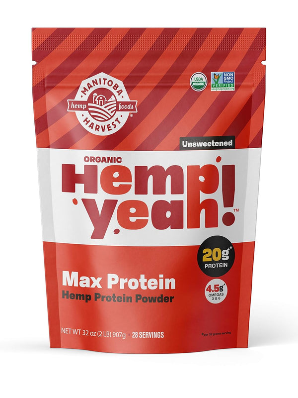 Manitoba Harvest Hemp Yeah! Organic Max Protein Powder, Unsweetened, 32oz, 20g Protein, Keto-Friendly, Non-GMO