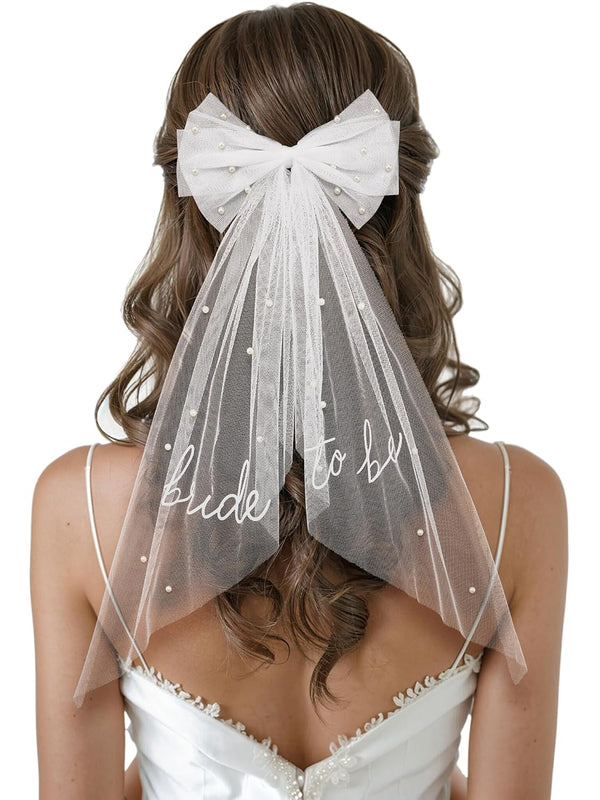 SWEETV Bridal Hair Bow Veil - White Bow Clip, Pearl Accessories for Bachelorette Party, Bridal Shower Gift