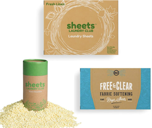 Sheets Laundry Club All In One Laundry Kit, 50 Fast Dissolving Fresh Linen Laundry Sheets, 1-8oz Scent Booster