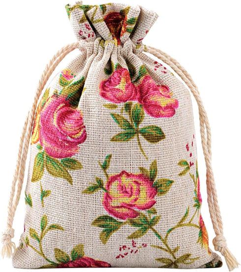 Pangda 30 Pieces Small Size Rose Drawstring Bags, Burlap Flower Pouch Bag, Linen Gift Pocket Jewelry Pouch for Wedding