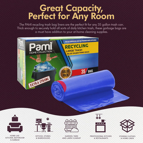 PAMI Recycling Tall 13-Gallon Kitchen Drawstring Trash Bags, Extra-Strong Plastic Garbage Bags, Blue 35 Pack
