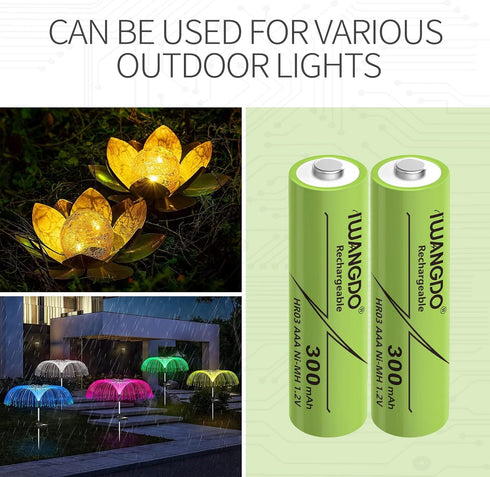 IWANGDO 300mAh HR03 8pcs Pack 8 Batteries AAA Ni-MH Ni-MH Rechargeable Pre-Charged for Outdoor Garden Solar Lights