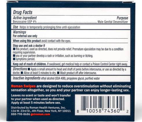 Over-The-Counter 4% Packaging 5-Pack Ro Swipes | Fast-Acting, Convenient, Wipes Increase Stamina, Formulated