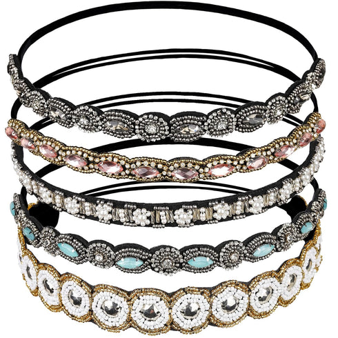 Teenitor 5pcs Rhinestone Beaded Hairbands for Women, Handmade Crystal Beaded Elastic Head Bands, 20-26.8"(51-68cm)