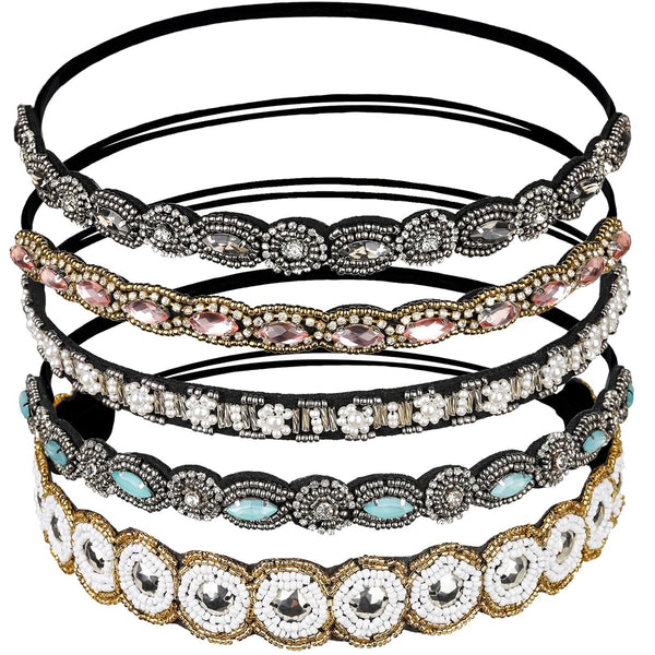 Teenitor 5pcs Rhinestone Beaded Hairbands for Women, Handmade Crystal Beaded Elastic Head Bands, 20-26.8"(51-68cm)