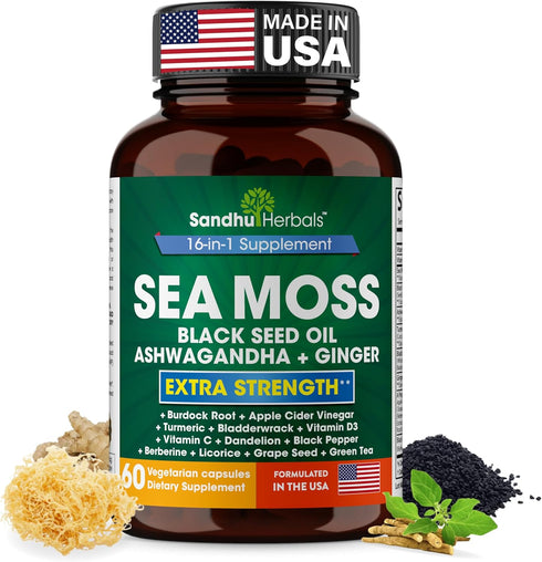 Sea Moss Black Seed Oil, Ashwagandha, Ginger, Burdock Root, Turmeric, 60 Capsules, Made in USA