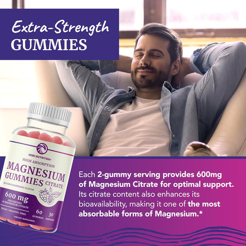 Magnesium Citrate Gummies, 600mg High Absorption for Calm, Relaxation & Digestion, Vegan, Raspberry Flavor, 60 Count