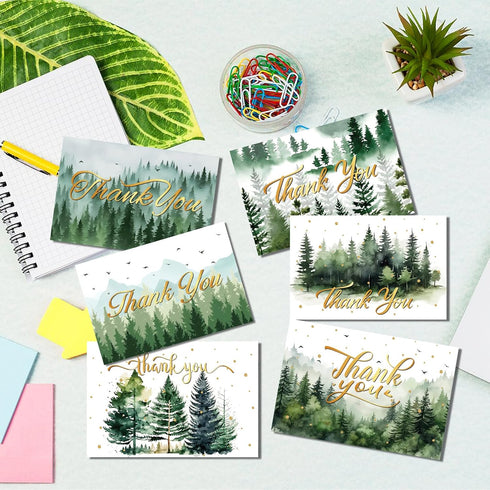 KTHONIOMANTE 24 Pack 6 7.9x5.9 Inches Green Forest Thank You Cards with Envelopes & Stickers - Watercolor Nature Blank