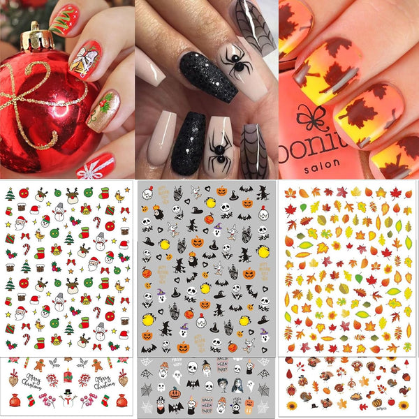 TailaiMei 18 Sheets Holiday Nail Stickers, Seasonal Nail Art Decals for Fall and Winter DIY Nail Decorations