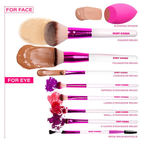 Ruby Kisses 9PCS Makeup Brush Set, Includes Powder, Blending, Eyeshadow, Eyebrow, Eyeliner Brushes and Sponge
