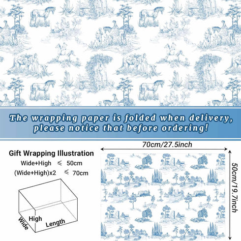Bolsome 12Pcs French Style Wrapping Paper Blue White Vintage Village Printed Gift Wrap Paper Rustic French Toile Gift Wrap Paper for Wedding Bridal Shower Birthday DIY Craft