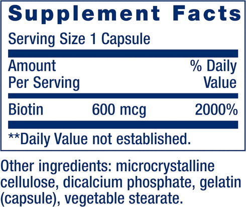 Life Extension Biotin 600 mcg Vitamin B7 Support Supplement for Beautiful Hair, Nails & Beyond – 100 Capsules