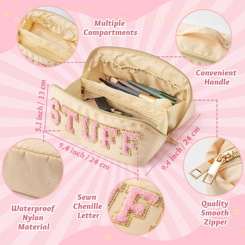 Y1tvei Large Capacity Travel Makeup Bag, Nylon Stony Clover Makeup Bag, Preppy Patch Pink Stuff Chenille Letter Pouch
