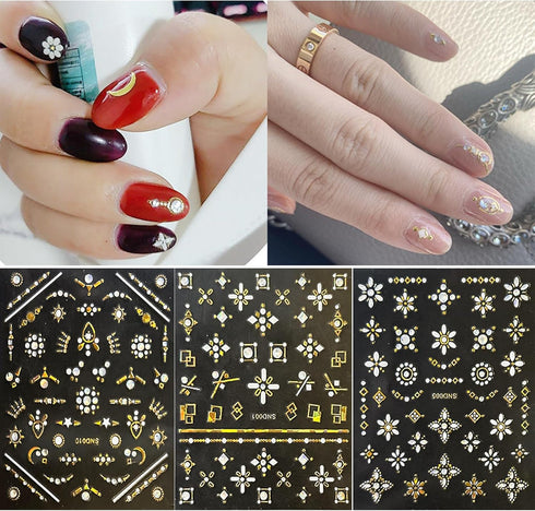 20 Sheets Gold Nail Art Stickers - Metallic 3D Self Adhesive Flower Diamond Designs for Women Nail Decorations