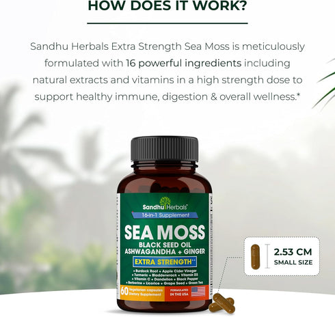 Sea Moss Black Seed Oil, Ashwagandha, Ginger, Burdock Root, Turmeric, 60 Capsules, Made in USA