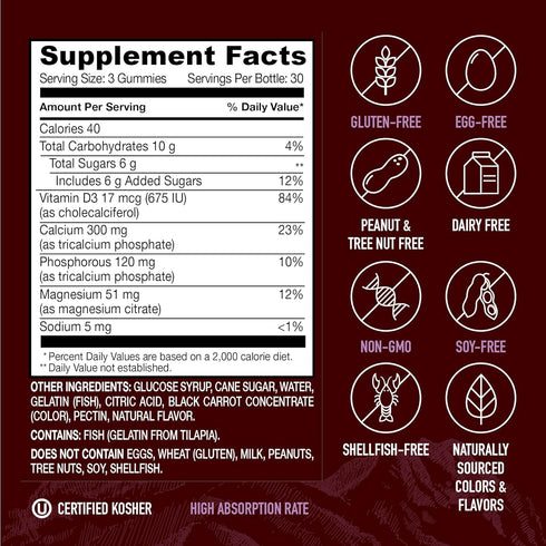 Strong Earth Calcium, Magnesium, Vitamin D3 Gummies - 90 Count, Vitamin Gummies for Women, Men & Kids, Calcium