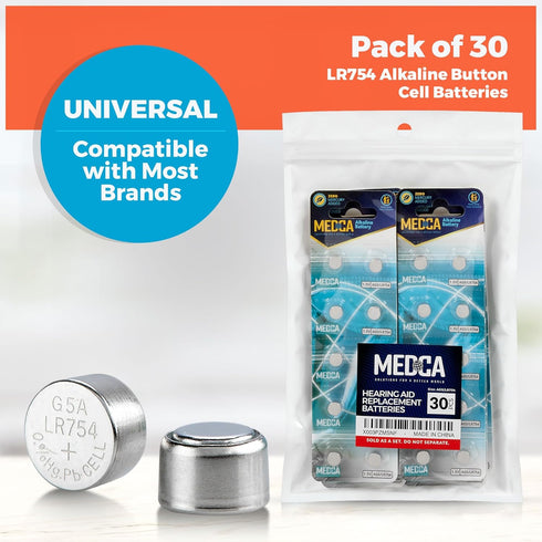MEDca AG5 LR754 Batteries - 30 Count Pack - 1.5V Alkaline 754 Button Coin Cell Batteries for Hearing Aids