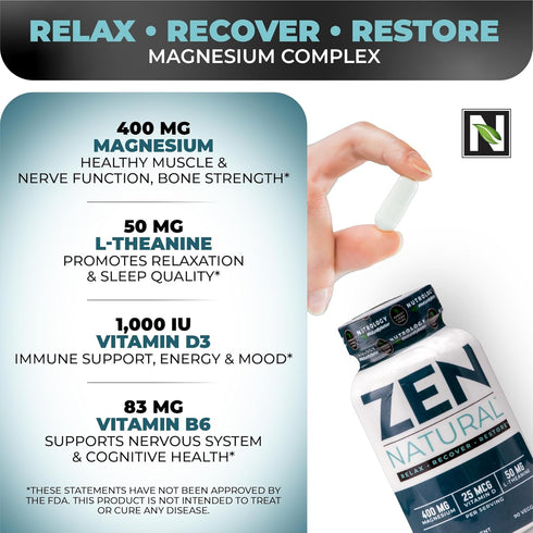 Nutrology Zen Natural Magnesium Supplement 400mg Magnesium Malate with Vitamin D3 & L-Theanine, 30 Servings