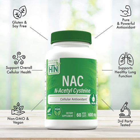 Health Thru Nutrition NAC N-Acetyl-Cysteine 600mg | 60 Vegan Capsules | Purest NAC Supplement for Lung, Liver &