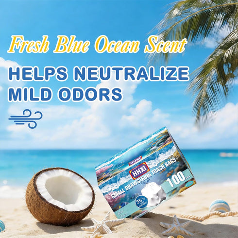 HHXI 100Ct 4 Gallon Small Trash Bags, Blue Ocean Garbage Bags, Scented Trash Bags, Odor Resistant with Drawstring