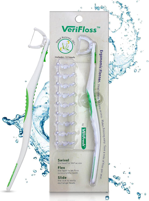VeriFloss Dental Flosser with 10 Head Refill, Ergonomic Design for Adults & Kids, Reusable Floss Picks Cleaning Kit
