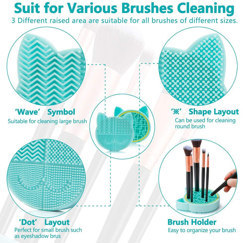TailaiMei 2 in 1 Makeup Brush Cleaning Mat with Drying Holder, Portable Silicon Cat Shaped Cleaner Pad, Cosmetic