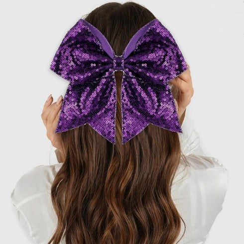 Large 7 Inch Glitter Bow Clip, Sequin Bling Party Hair Accessories for Women, Teens, Girls, Kids (Dark Purple)