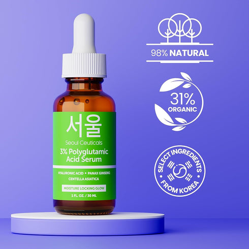 SeoulCeuticals Organic Polyglutamic Acid Serum - K Beauty Anti Aging with Hyaluronic Acid & Centella Asiatica (1oz)