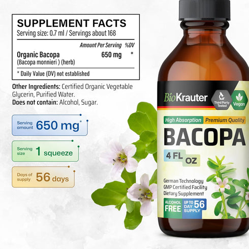 Bacopa Monnieri Organic Tincture - Cognitive Health Support Liquid Supplement - Alcohol & Sugar Free Vegan Drops, 4