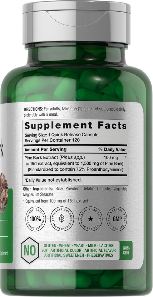 Horbaeach Pine Bark Extract Capsules | 1500mg | 120 count | Non-GMO and Gluten Free