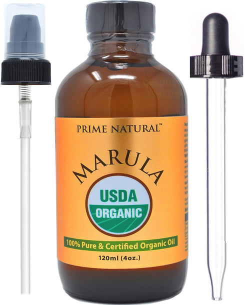 PRIME NATURAL Organic Marula Oil 4oz/120ml - USDA Certified, Cold Pressed, Unrefined, Virgin for Face, Body, Hair
