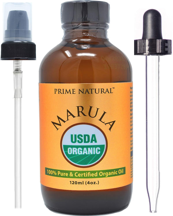 PRIME NATURAL Organic Marula Oil 4oz/120ml - USDA Certified, Cold Pressed, Unrefined, Virgin for Face, Body, Hair