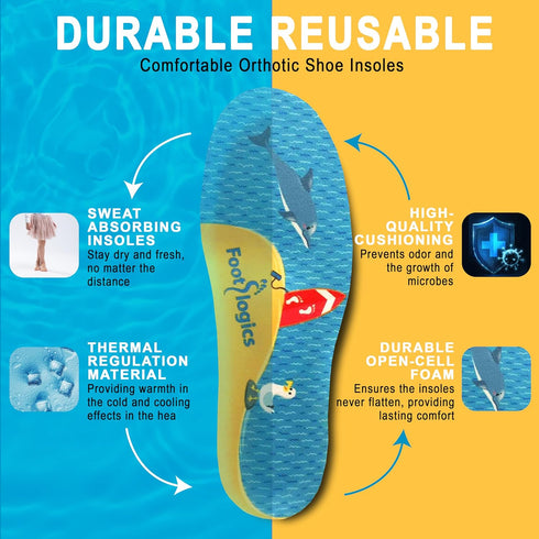 Fun Kids Orthotic Shoe Insoles, Pair for Children’s Heel Pain, Flat Feet, Growing Pains, Toddler 5-7, Yellow