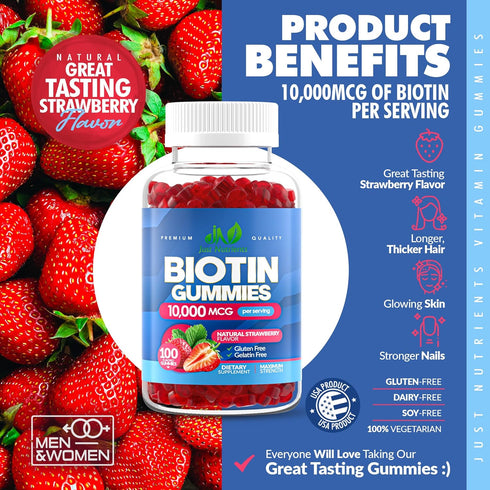 Biotin 10,000mcg Gummies, 100 Count, Extra Strength for Hair Growth, Skin & Nails, Vegan, Strawberry Flavor