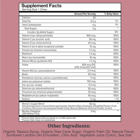 Women's Multivitamin Chews, Immune & Energy Support, Vitamins C, B12, A, D, E, Folic Acid, Probiotics, Biotin, Cranberry, Adult Chewable Vitamin, Individually Wrapped Fruity Chews-6 Day Supply