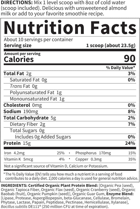 Garden of Life Organic Plant Based Protein Powder - Smooth Unflavored Vegan Shake for Women and Men - 10 Servings, 15g