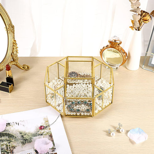 Hipiwe 360 Degree Rotating Glass Makeup Organizer, 5 Slots, Gold Metal Cosmetic Storage Display Holder