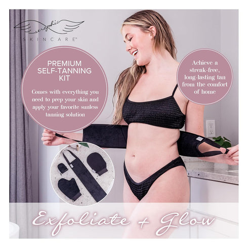 Seraphic Skincare 4-Piece Self Tanner Kit - Includes Premium Exfoliating Self Tanner Mitt, Facial Tanning Mitt, Body Tanning Applicator Mitt, and Back Tanning Applicator Belt for a Perfect Tan Glow