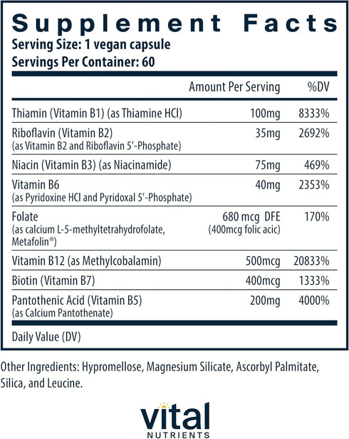 Vital Nutrients Vitamin B-Complex | Vegan High-Potency Methylated B Complex Vitamins | B Vitamins Support Energy Production, Metabolism, and Heart Health* | Gluten, Dairy, Soy Free | 60 Capsules