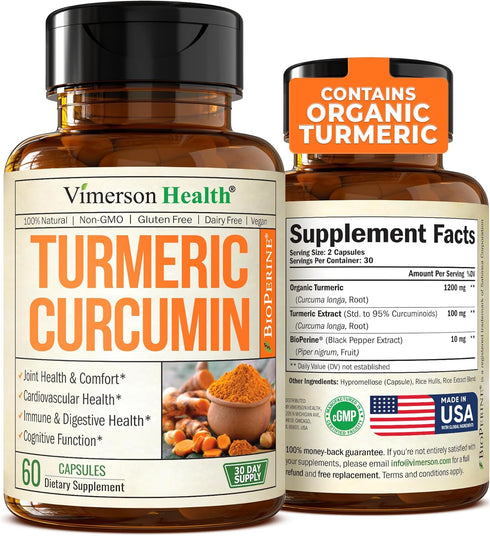 Turmeric Supplement - High Potency Curcumin with 1200 mg Organic Turmeric and 95% Curcuminoids, 60 Capsules
